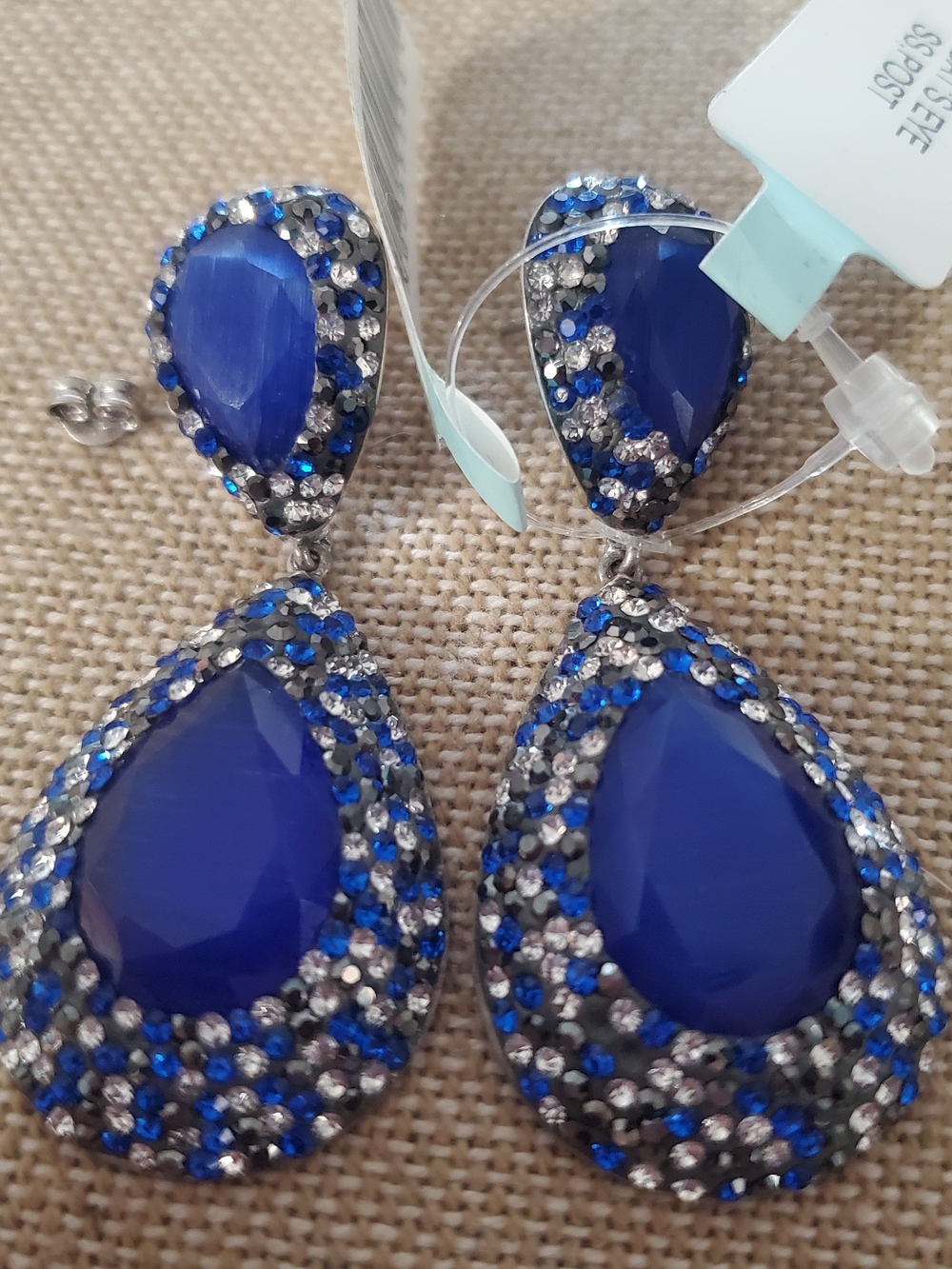 NWT .925 Sterling Silver Royal Blue Cats Eye Rhinestone Teardrop Earrings